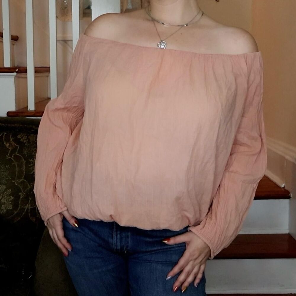 Gap Gauze Lightweight Pink Off the Shoulder Long Sleeve Top Sz Medium Cotton Y2K